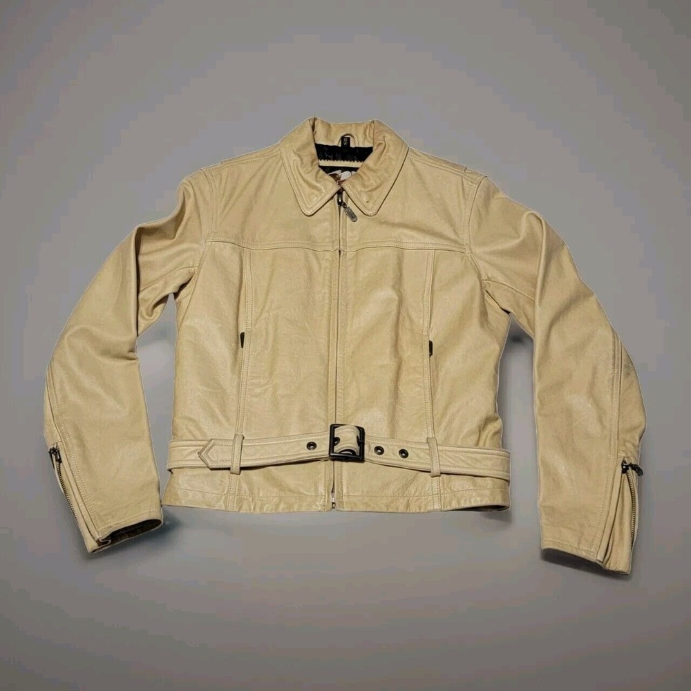 Vintage Harley Davidson Women's Small Beige Motorcycle Full Zip Leather Jacket